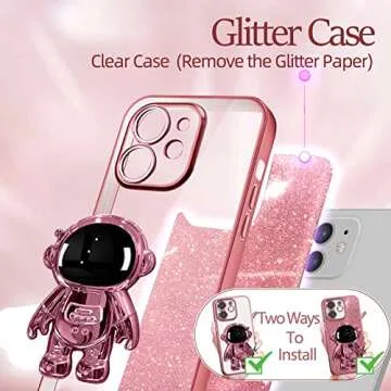Buleens for iPhone 12 Case Astronaut, Clear Cases for iPhone 12 with Glitter Paper & Spaceman Stand, Women Girls Cute Electroplated Sparkly Space Phone Cover for 12