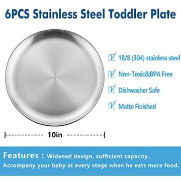 HaWare 6-Piece 18/8 Stainless Steel Plates, Metal 304 Dinner Dishes for Kids Toddlers Children, 10 I...