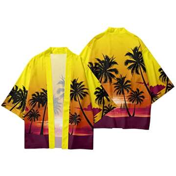 AMOMA Men's Hawaiian Palm Tree Print Kimono & Shorts Sets for Summer Fun