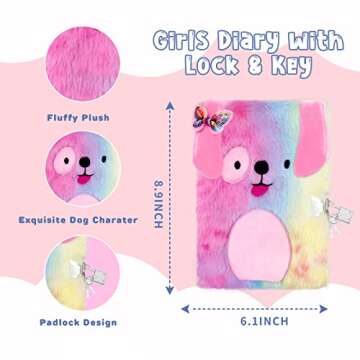 homicozy Dog Diary for Girls with Lock and Keys,Tie-dye Fuzzy Journal for Kids with 160 Lined Pages,Fluffy Secret Notebooks for Writing and Drawing,Birthday Gifts for Girls Ages 6 and Up,Puppy