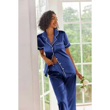 Ekouaer Women Silk Satin Pajama Set Soft Sleepwear