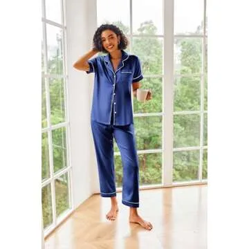 Ekouaer Women Silk Satin Pajama Set Soft Sleepwear