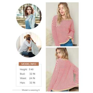 Dokotoo Womens Striped Sweater Casual Long Sleeve Shirts Cotton Knitted Pullover Sweaters 2025 Trendy Color Block Round Neck Tops Winter Clothes for Women Red Large