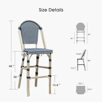PURPLE LEAF French Bar Stool Set of 2 White Print Finish Patio Bar Stools with Back Rattan Bar Chairs Wicker Bar Height Stool 30" with Footrest Kitchen Island Stools Outdoor Barstool Royal Blue