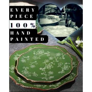 KUNABOO Artisanal Small Ceramic Plates, Salad Plates, Dessert Plates Porcelain Plates Set of 6-7.8” - Sakura Floral Series Pine Green - Ready to Wrap Gift