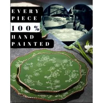 KUNABOO Artisanal Small Ceramic Plates, Salad Plates, Dessert Plates Porcelain Plates Set of 6-7.8” - Sakura Floral Series Pine Green - Ready to Wrap Gift