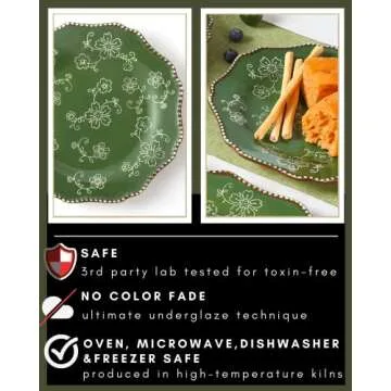 KUNABOO Artisanal Small Ceramic Plates, Salad Plates, Dessert Plates Porcelain Plates Set of 6-7.8” - Sakura Floral Series Pine Green - Ready to Wrap Gift