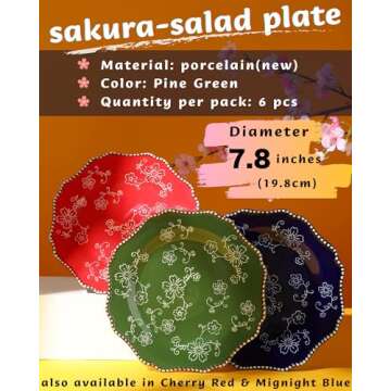 KUNABOO Artisanal Small Ceramic Plates, Salad Plates, Dessert Plates Porcelain Plates Set of 6-7.8” - Sakura Floral Series Pine Green - Ready to Wrap Gift