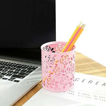 Coolrunner Elegant Rose Flower Metal Pencil Holder - Pink