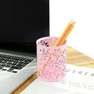 Coolrunner Elegant Rose Flower Metal Pencil Holder - Pink