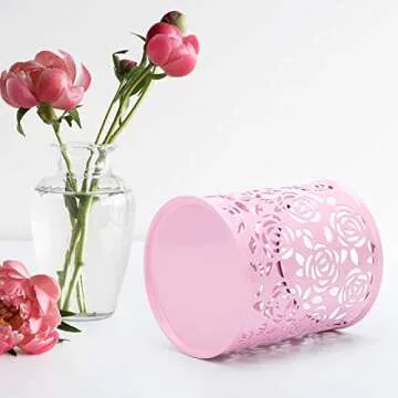 Coolrunner Elegant Rose Flower Metal Pencil Holder - Pink