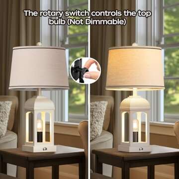 QiMH Table Lamp for Living Room, Farmhouse Lamps Set of 2 with USB A+C and Nightlight, 26" Rustic Bedside Lamps with 3-Way Dimmable, Touch Nightstand Lamp for Bedroom, White