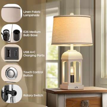 QiMH Table Lamp for Living Room, Farmhouse Lamps Set of 2 with USB A+C and Nightlight, 26" Rustic Bedside Lamps with 3-Way Dimmable, Touch Nightstand Lamp for Bedroom, White