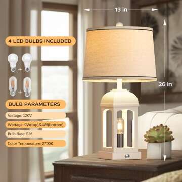 QiMH Table Lamp for Living Room, Farmhouse Lamps Set of 2 with USB A+C and Nightlight, 26" Rustic Bedside Lamps with 3-Way Dimmable, Touch Nightstand Lamp for Bedroom, White