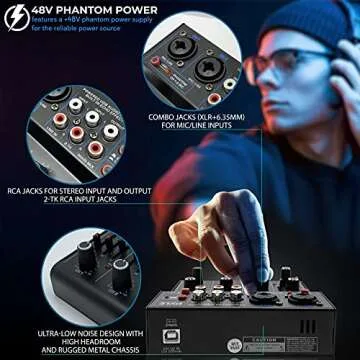 Pyle Professional Wireless DJ Audio Mixer - 4 Channel Bluetooth Controller Sound Mixer, USB Audio Interface, 2 Combo Jack XLR+6.35mm Mic/Line/Guitar in, 3.5mm, RCA AUX, Headphone Jack - PAD43MXUBT