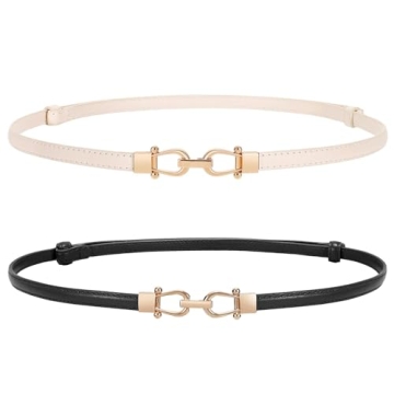WERFORU 2 Pack Women Skinny Belt for Dress,Thin Waist Belt - Adjustable Leather Belt with Gold Buckl...