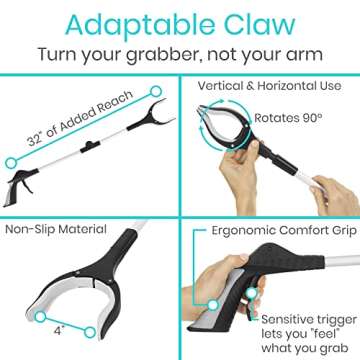 Vive 32" Grabber Reacher Tool - Foldable Pickup Stick with Rotating Jaw & Sensitive Trigger - Heavy Duty Mobility Grip Hand Aid - Extra Reach Extender Claw for Seniors, Elderly, Handicap