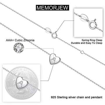 Memorjew 925 Sterling Silver Initial Necklace for Women, Dainty Hypoallergenic Sterling Silver Cubic Zirconia Initial Heart Necklace for Women Jewelry Gifts, Sterling Silver