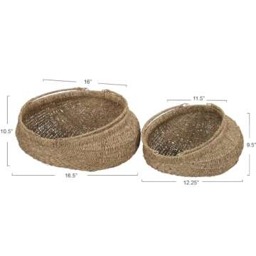 Household Essentials Set of 2 Small Woven Wicker Storage Baskets with Handles | Natural Brown Seagra...