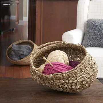 Household Essentials Set of 2 Small Woven Wicker Storage Baskets with Handles | Natural Brown Seagrass
