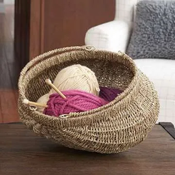Household Essentials Set of 2 Small Woven Wicker Storage Baskets with Handles | Natural Brown Seagrass