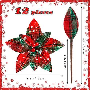 12 Pieces Christmas Plaid Poinsettias Artificial Xmas Poinsettias Flowers Ornaments Faux Flowers Pic...