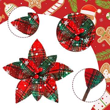 12 Christmas Plaid Poinsettias - Festive Faux Flowers