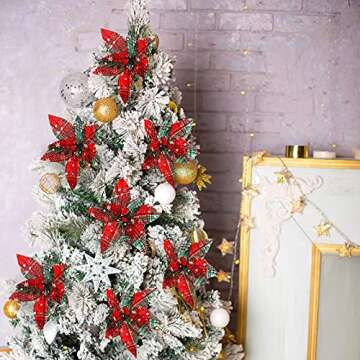 12 Christmas Plaid Poinsettias - Festive Faux Flowers