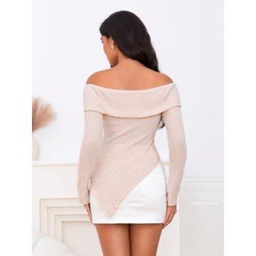 MakeMeChic Off Shoulder Ribbed Tee for Women in Apricot