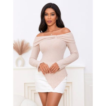 MakeMeChic Off Shoulder Ribbed Tee for Women in Apricot