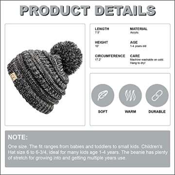 Funky Junque Girls Winter Hat Warm Knit Slouchy Kids Beanie Pom - Grey/Black #31