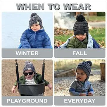 Funky Junque Girls Winter Hat Warm Knit Slouchy Kids Beanie Pom - Grey/Black #31