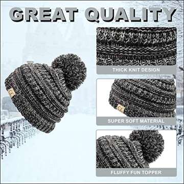 Funky Junque Girls Winter Hat Warm Knit Slouchy Kids Beanie Pom - Grey/Black #31