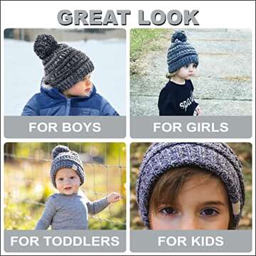 Funky Junque Girls Winter Hat Warm Knit Slouchy Kids Beanie Pom - Grey/Black #31