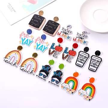 8 Pairs Teacher Earrings Acrylic Rainbow Pencil Book Drop Dangle Colorful Math Back To School Jewelry Appreciation Gifts