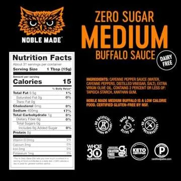 Noble Made Medium Buffalo Sauce, Zero Sugar Wing Sauce, Keto, Gluten Free, Vegan Dipping & Wing Sauc...