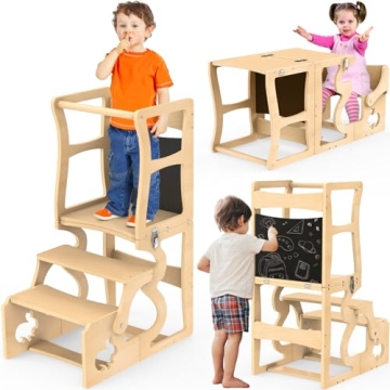 Foldable Toddler Tower Kitchen Stool with Chalkboard - Safe & Fun!