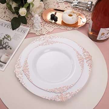 Morejoy 100 Pieces Rose Gold Plastic Plates - Rose Gold Disposable Plates - 10.25inch White Plastic ...