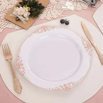 Morejoy 100 Pieces Rose Gold Plastic Plates - Rose Gold Disposable Plates - 10.25inch White Plastic Dinner Plates With Rose Gold Rim for Weddings & Parties & Shower