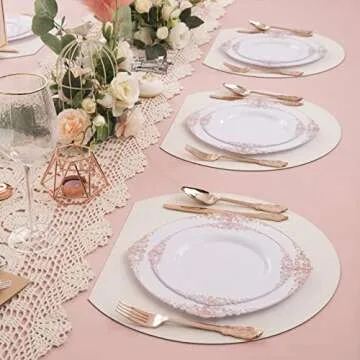 Morejoy 100 Pieces Rose Gold Plastic Plates - Rose Gold Disposable Plates - 10.25inch White Plastic Dinner Plates With Rose Gold Rim for Weddings & Parties & Shower