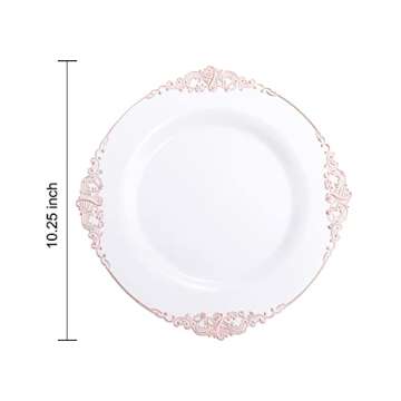 Morejoy 100 Pieces Rose Gold Plastic Plates - Rose Gold Disposable Plates - 10.25inch White Plastic Dinner Plates With Rose Gold Rim for Weddings & Parties & Shower