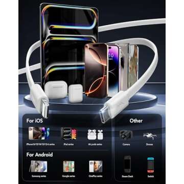 HATALKIN 4-in-1 Retractable Wall Charger with Dual USB Ports and 90cm Lightening and Type-C Cables, ...