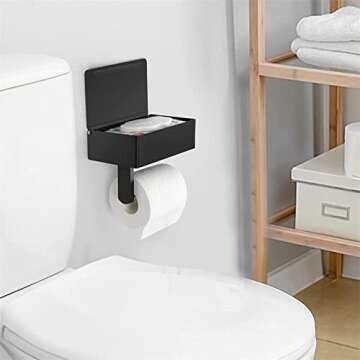 Toilet Paper Holder with Shelf, SUS304 Stainless Steel Wall Mounted/Adhesive Toilet Paper Storage, Bathroom Tissue Toilet Paper Roll Holder Wipes Dispenser Organizer (Matte Black, Large)