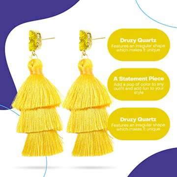 Rave Envy Yellow Tassel Earrings for Women - Colorful Layered Tassle Bohemian Earrings