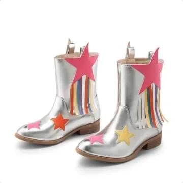 DREAM PAIRS Girls Cowgirl Cowboy Western Mid Calf Tassel Boots,Size 2 Little Kid,Silver,SDBO2402K