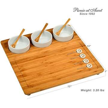 Picnic at Ascot Bamboo Cheese Board/Charcuterie Platter - Includes 3 Ceramic Bowls with Bamboo Spoon...