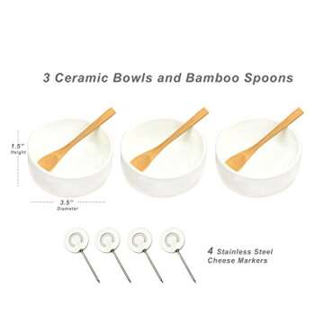 Picnic at Ascot Bamboo Cheese Board/Charcuterie Platter - Includes 3 Ceramic Bowls with Bamboo Spoons & Cheese Markers -13"x 13"- Designed and Quality Checked in the USA