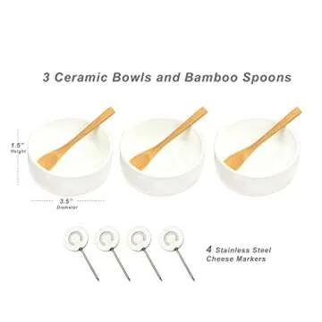 Picnic at Ascot Bamboo Cheese Board/Charcuterie Platter - Includes 3 Ceramic Bowls with Bamboo Spoons & Cheese Markers -13"x 13"- Designed and Quality Checked in the USA