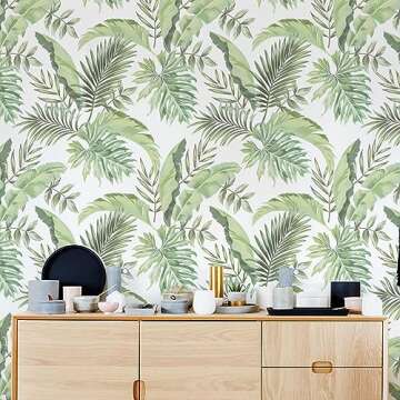 BaoHArtHome Tropical Olive Light Green Palm Tree Leaf Wallpaper Peel and Stick Wallpaper Greenery Ju...