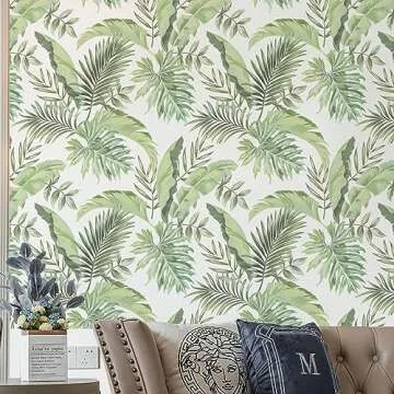 BaoHArtHome Tropical Olive Light Green Palm Tree Leaf Wallpaper Peel and Stick Wallpaper Greenery Jungle Contact Paper Leaves Watercolor Bathroom Living Room 17.7in x 6.6ft